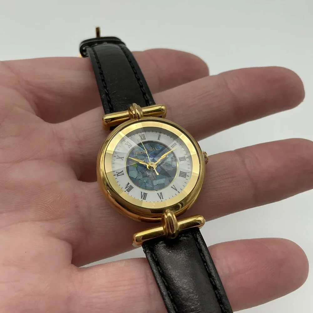 Vintage Fossil PC-7380 Women Watch 26mm Rivoli Crystal Black Leather New Battery